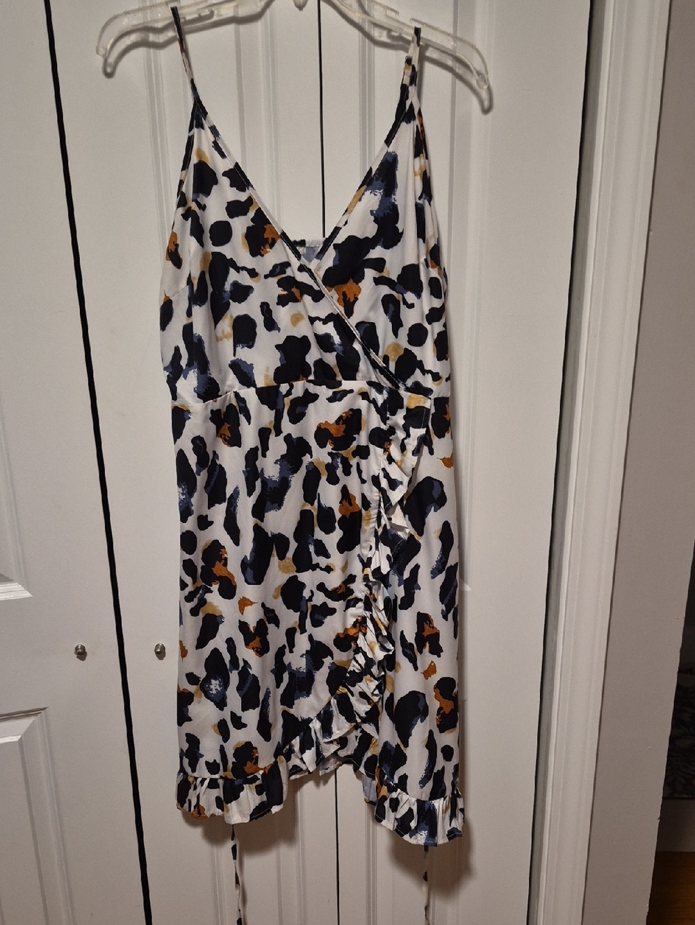 Spaghetti Strap Mini Dress in White with Navy & Mustard Print